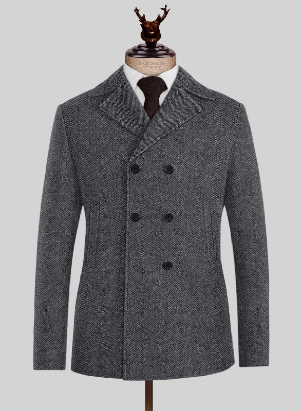 Warm Hoodies Highlander Heavy Charcoal Herringbone Tweed Pea Coat