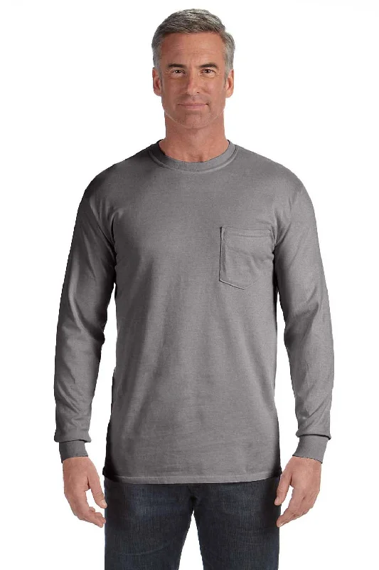 Smart Outerwear Comfort Colors Mens Long Sleeve Crewneck T-Shirt w/ Pocket - Grey