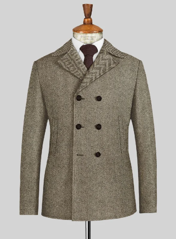 Relaxed Suits Italian Highlander Stone Beige Herringbone Tweed Pea Coat