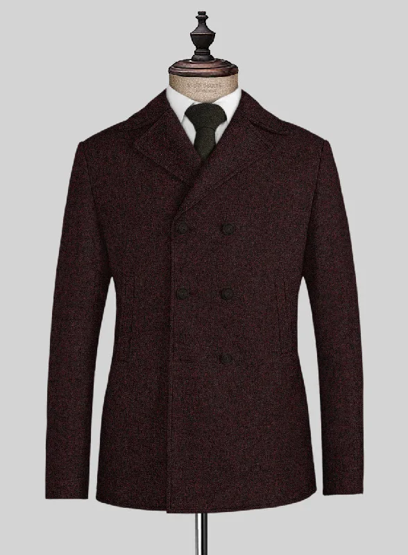 Bold Pants Light Weight Melange Wine Tweed Pea Coat