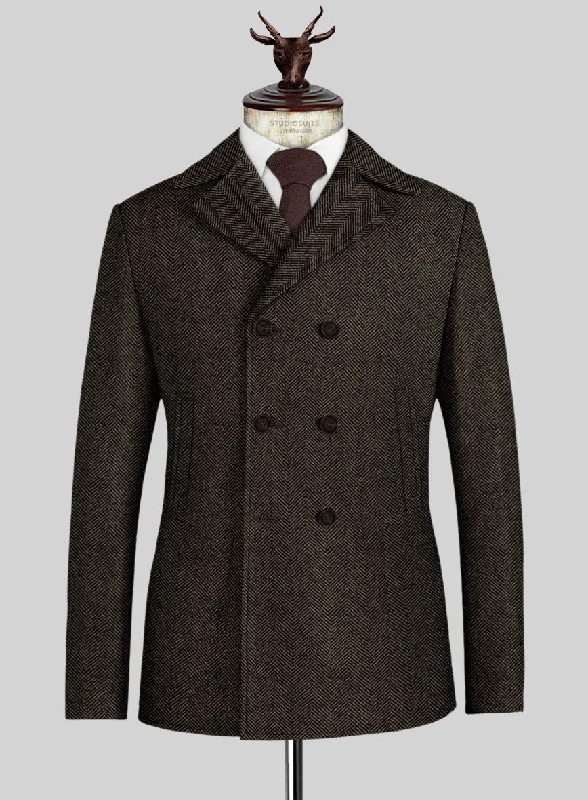 Fashion Jackets Italian Highlander Army Green Herringbone Tweed Pea Coat