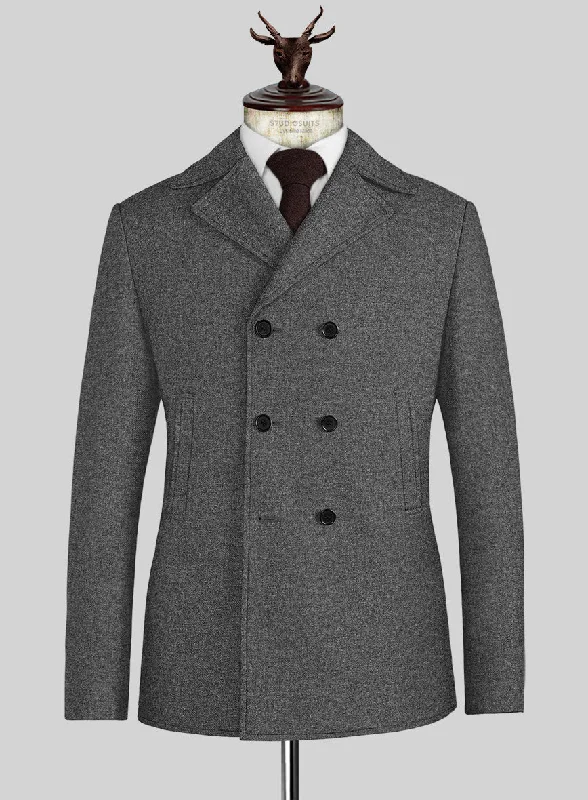 Classic Hoodies Vintage Plain Dark Gray Tweed Pea Coat