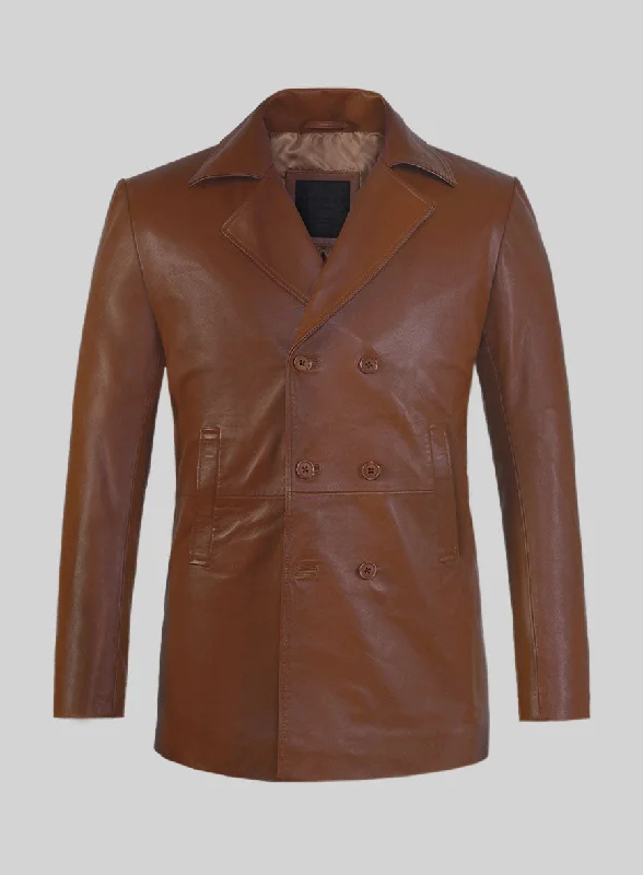 Fashionable Tops Tan Brown Leather Pea Coat