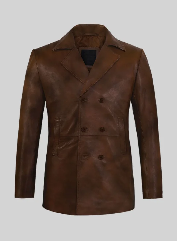 Trendy Outerwear Spanish Brown Leather Pea Coat