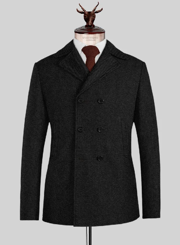 Stylish Suits Naples Wide Herringbone Charcoal Tweed Pea Coat