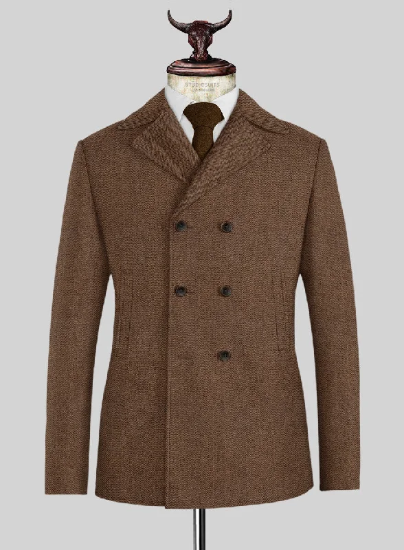 Warm Bottoms Naples Wide Herringbone Tan Tweed Pea Coat