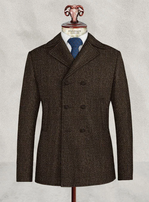 Casual Footwear Harris Tweed Dark Brown Herringbone Pea Coat