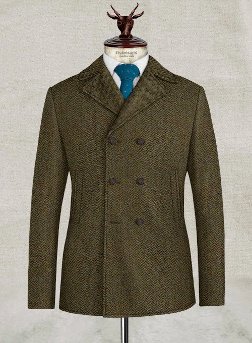 Warm Hoodies Harris Tweed Ridge Brown Herringbone Pea Coat