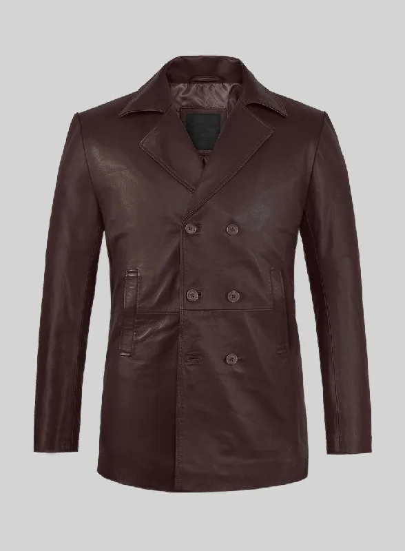 Versatile Tops Burgundy Leather Pea Coat