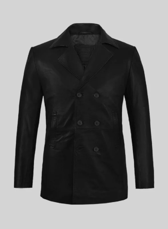 Cozy Hoodies Soft Rich Black Leather Pea Coat