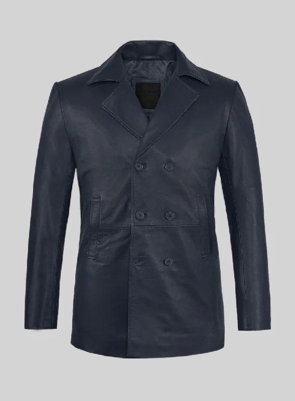 Stylish Shirts Soft Deep Blue Leather Pea Coat