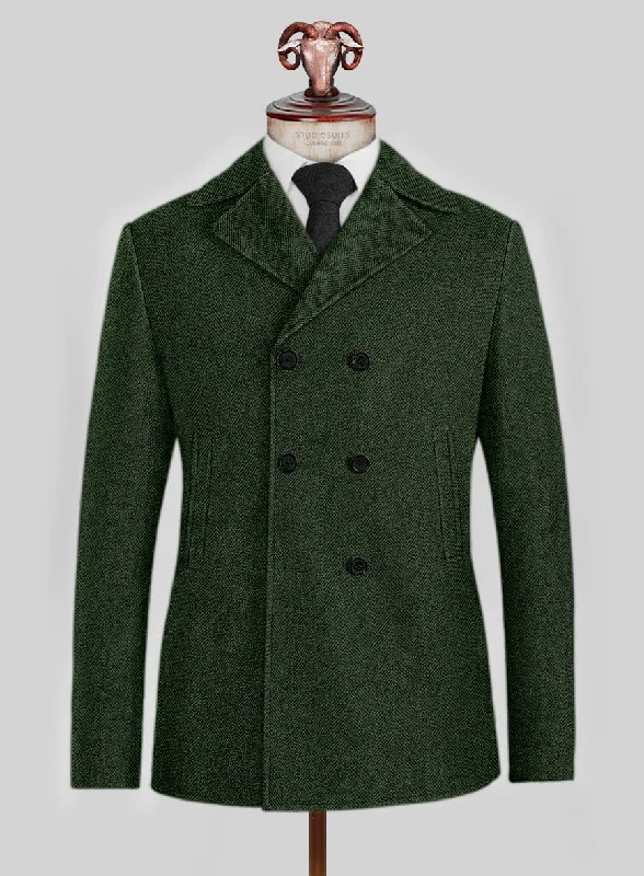 Stylish Suits Highlander Heavy Green Herringbone Tweed Pea Coat