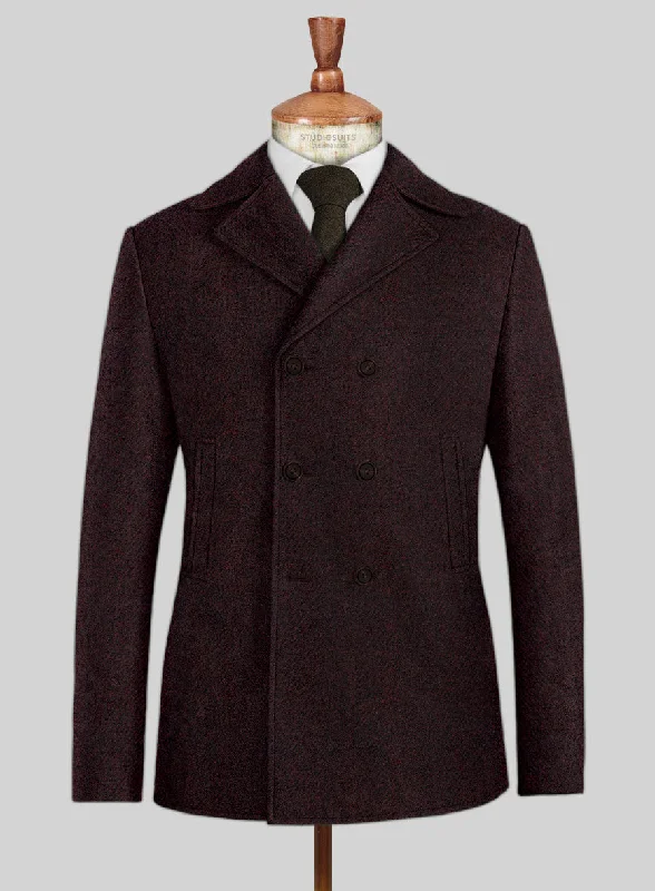 Premium Footwear Highlander Heavy Wine Herringbone Tweed Pea Coat