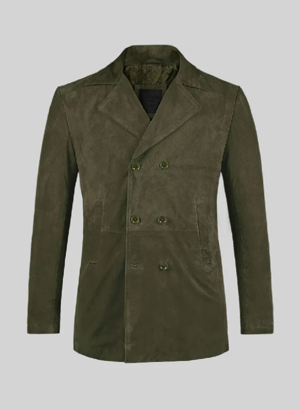 Stylish Accessories Olive Green Suede Leather Pea Coat