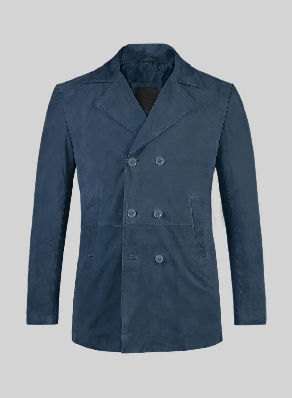 Cool Pants Blue Suede Leather Pea Coat