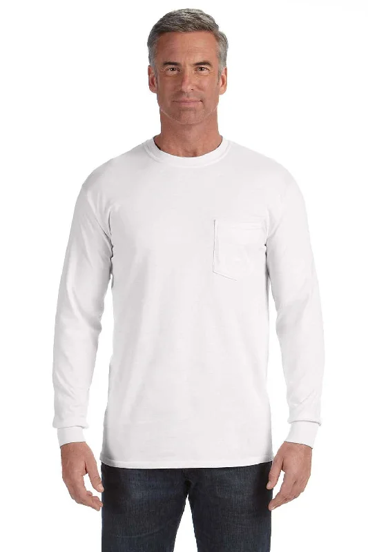 Modern Hoodies Comfort Colors Mens Long Sleeve Crewneck T-Shirt w/ Pocket - White