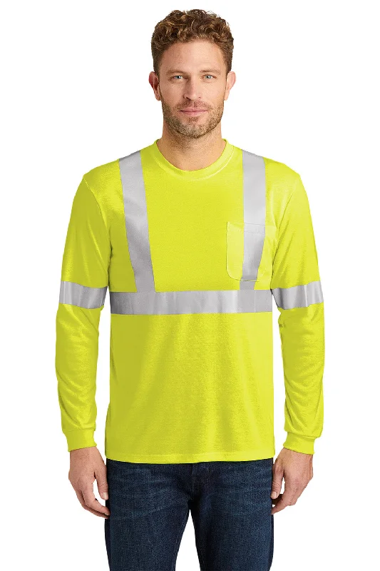 Trendy Shorts CornerStone Mens Moisture Wicking Long Sleeve Crewneck T-Shirt w/ Pocket - Safety Yellow