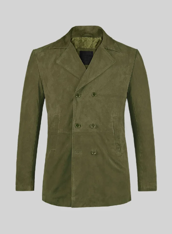 Stylish Outerwear Woodland Green Suede Leather Pea Coat