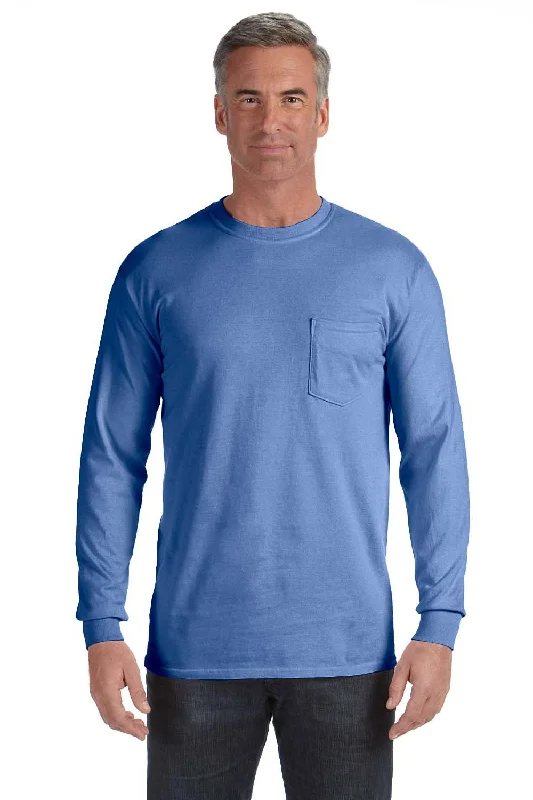 Stylish Jackets Comfort Colors Mens Long Sleeve Crewneck T-Shirt w/ Pocket - Flo Blue