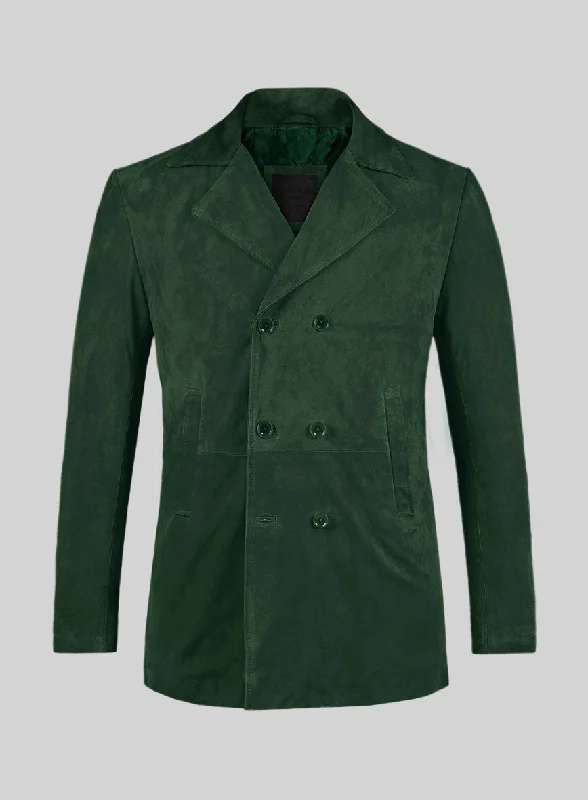 Comfortable Hoodies Timber Green Suede Leather Pea Coat