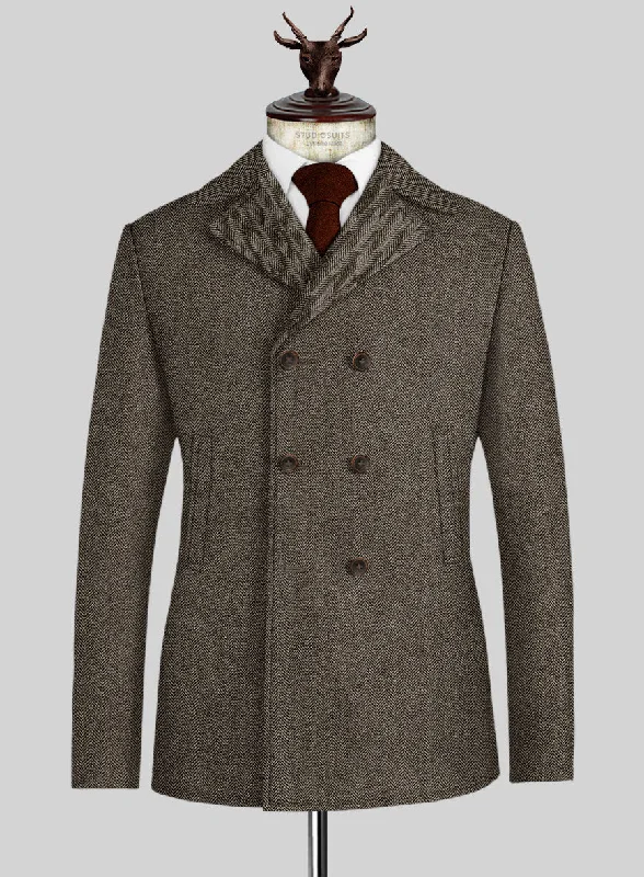 Modern Footwear Vintage Dark Brown Herringbone Tweed Pea Coat