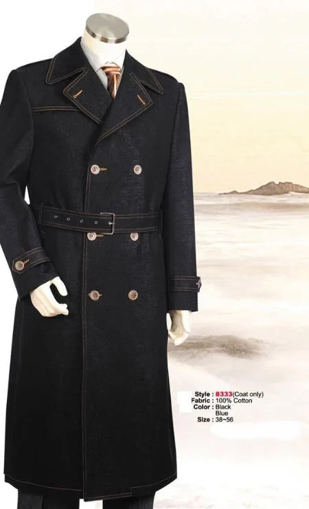 Relaxed Tops Full Length Belted Style Mens Raglan Overcoat - Wool Fabric Belted Fabric Black Coat