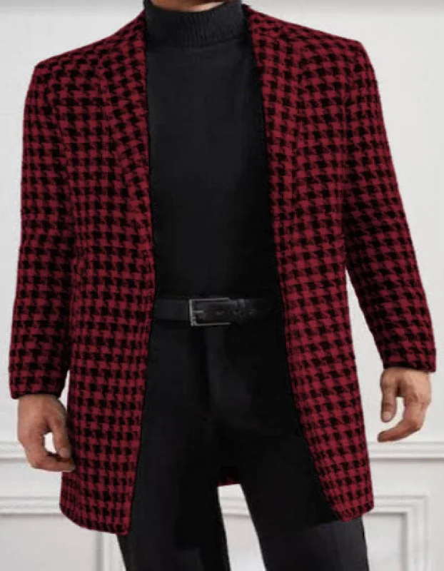 Warm Pants Men Houndstooth Lapel Collar Single Breasted Tweed Overcoat Black and Burgundy