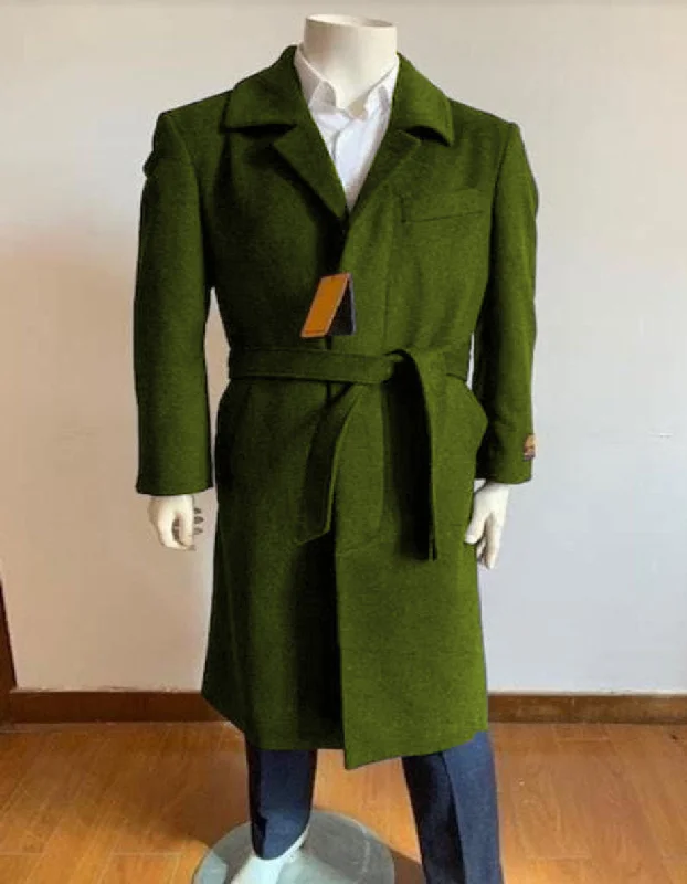 Trendy Outerwear Mens Solid Olive Green 100% Wool Gabardine Belted Duster Overcoat