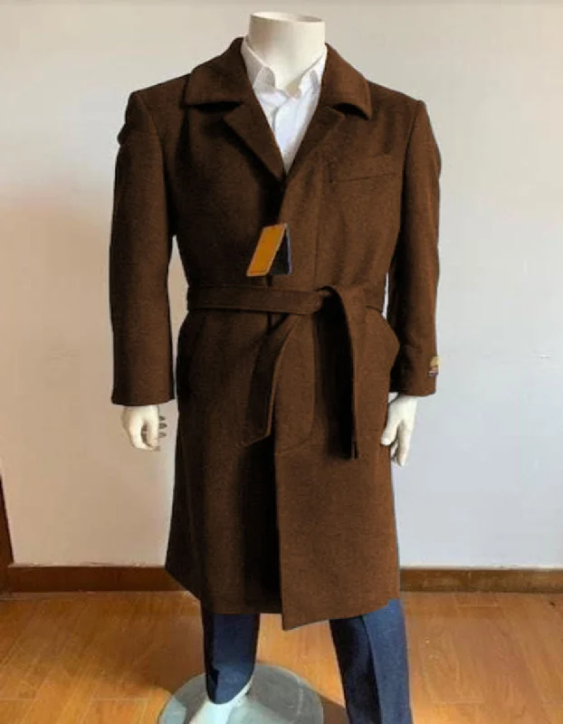 Classic Footwear Mens Solid Brown 100% Wool Gabardine Belted Duster Overcoat