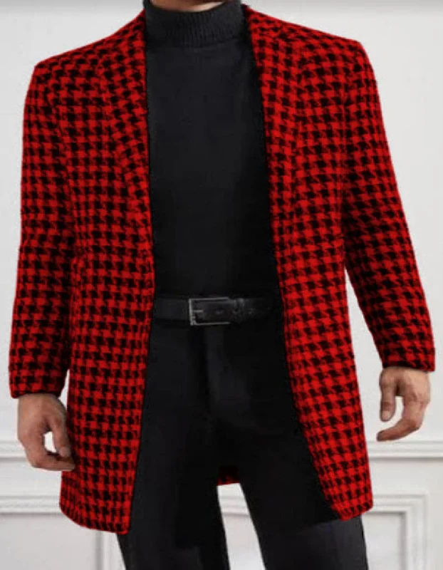 Stylish Accessories Men Houndstooth Lapel Collar Single Breasted Tweed Overcoat Black and Red