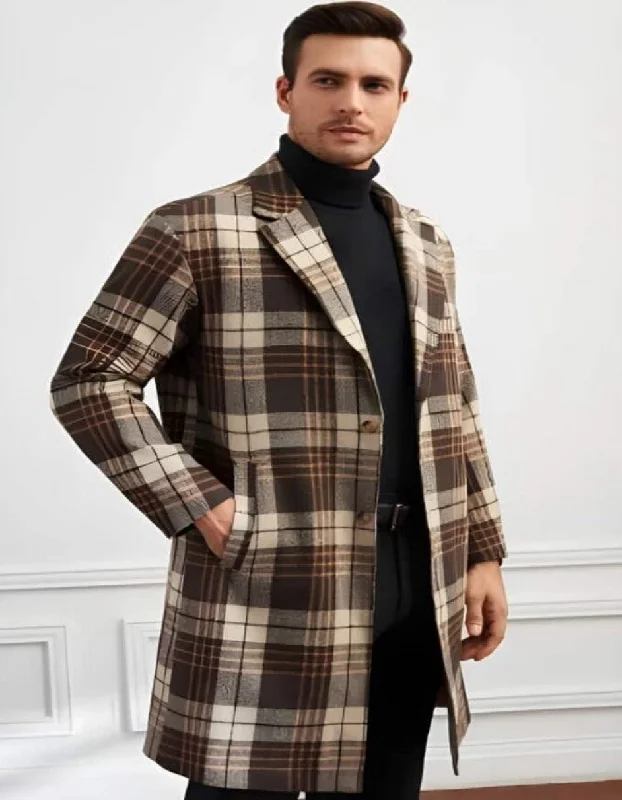 Comfortable Shirts Brown Topcoat and Camel Mixed Color Plaid Pattern 100% Wool Overcoat