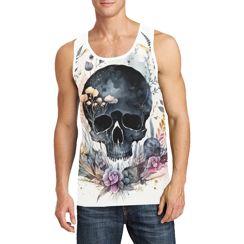 Comfortable Footwear Men's Watercolor Skull Floral Tank Top