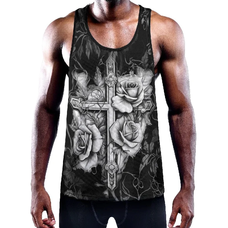 Fashionable Tops Men's Gothic Cross & Roses Y-Back Muscle Tank Top