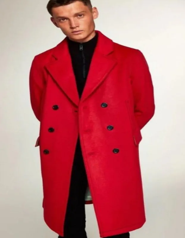 Simple Jeans Red Overcoat For Men - Red Peacoat 100% Wool Double Breasted Style Peak Lapel Christmas Coat