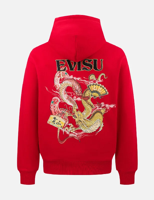 Comfortable Bottoms Soaring Snake and Dragon Print Relax Fit Hoodie - Red