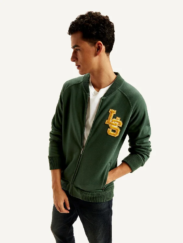 Cool Tops Men's Brand Logo Green Band Neck Zip-Front Sweatshirt