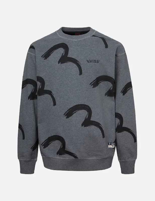 Premium Jeans Allover Brushstroke Seagull and Logo Print Relax Fit Sweatshirt