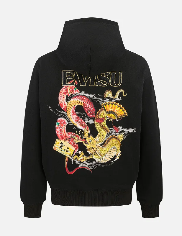 Fashion Suits Soaring Snake and Dragon Print Relax Fit Hoodie - Black