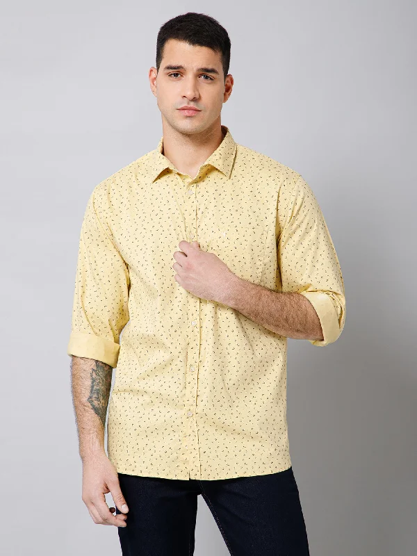 Men's Light Yellow Casual Ditsy Print Full Sleeve Shirt