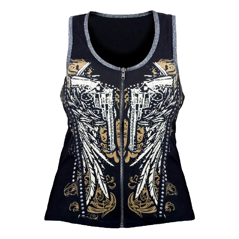 VB017 / VB117 Guns - Ladies Wings and Guns Black Tank Top with Zipper and Studs