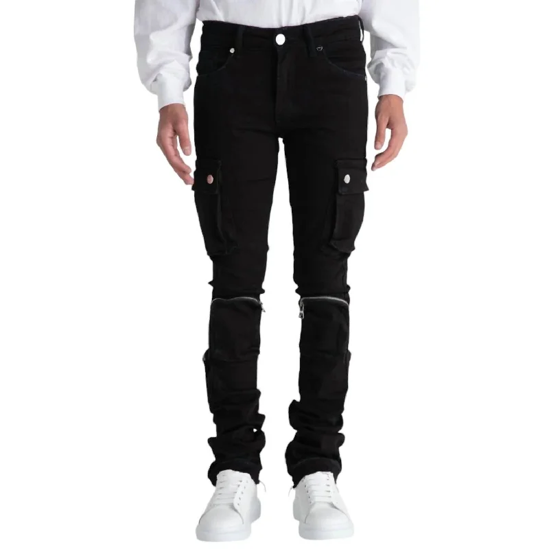 Men's Never Look Back Cargo Flare Stack Denim Jean In Black