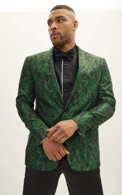 Peak Lapel Paisley Jacquard Tuxedo Jacket - Green