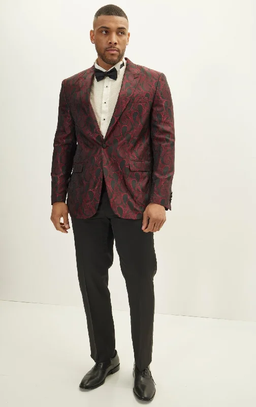 Peak Lapel Paisley Jacquard Tuxedo Jacket - Red