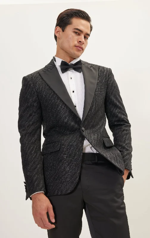 Tone On Tone Zebra Texture Tuxedo Jacket - Black