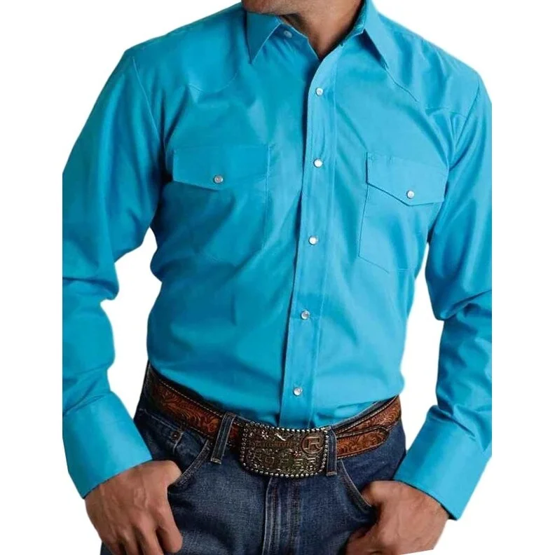 Roper Western Shirt Mens L/S Solid Snap Turquoise 01-001-0025-0901 BU