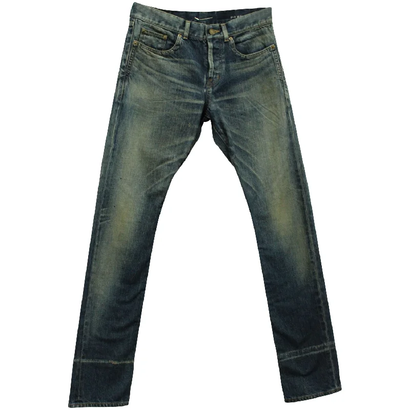 Saint Laurent Distressed Straight Leg Jeans in Blue Cotton Denim