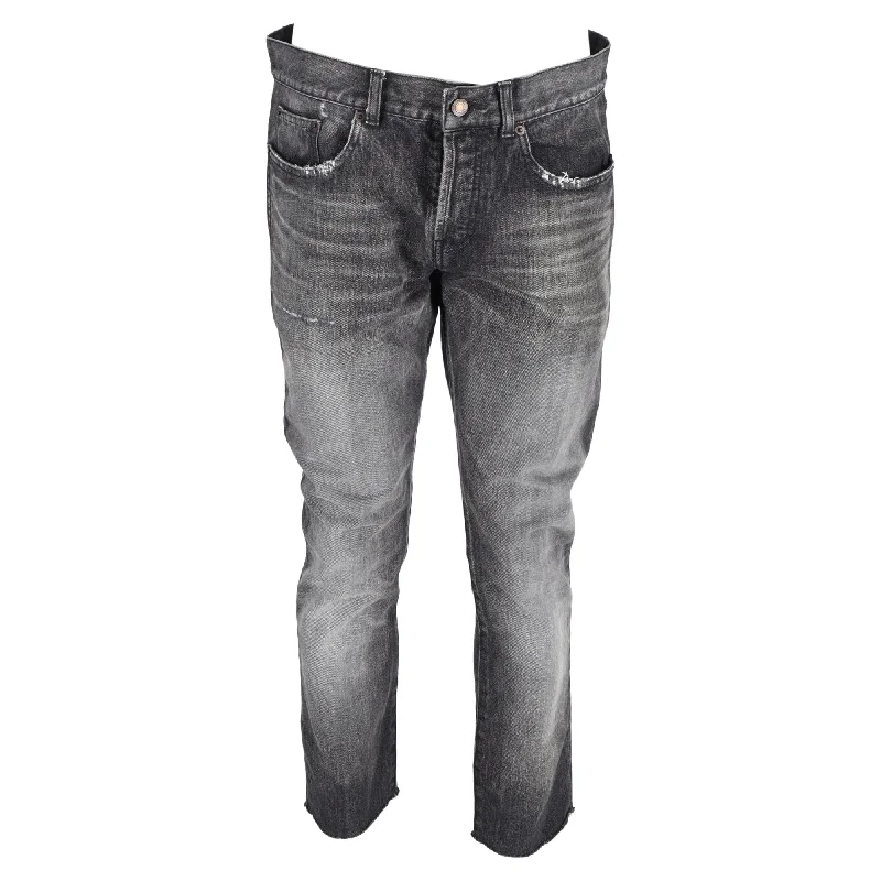 Saint Laurent Washed Faded Jeans in Grey Cotton Denim