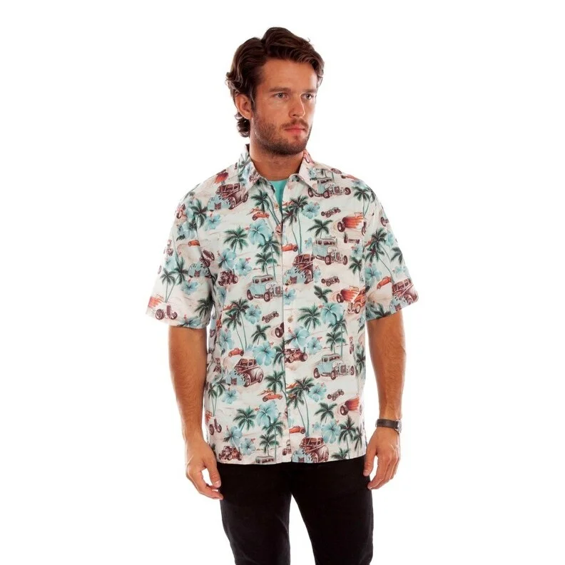 Scully Western Shirt Mens S/S Hawaiian Hot Rod Print Sand F0_5352