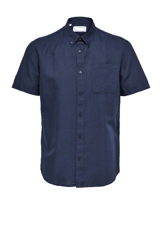 Selected Homme Rick Linen Short Sleeve Shirt, Dark Sapphire