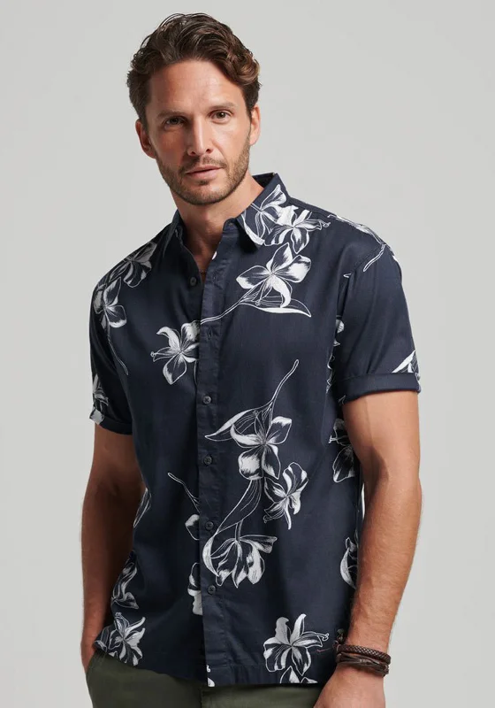 Superdry Vintage Hawaiian Short Sleeve Shirt, Mono Hibiscus Navy